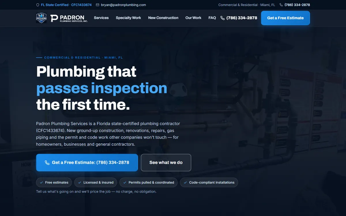 Padron Plumbing Services website home page